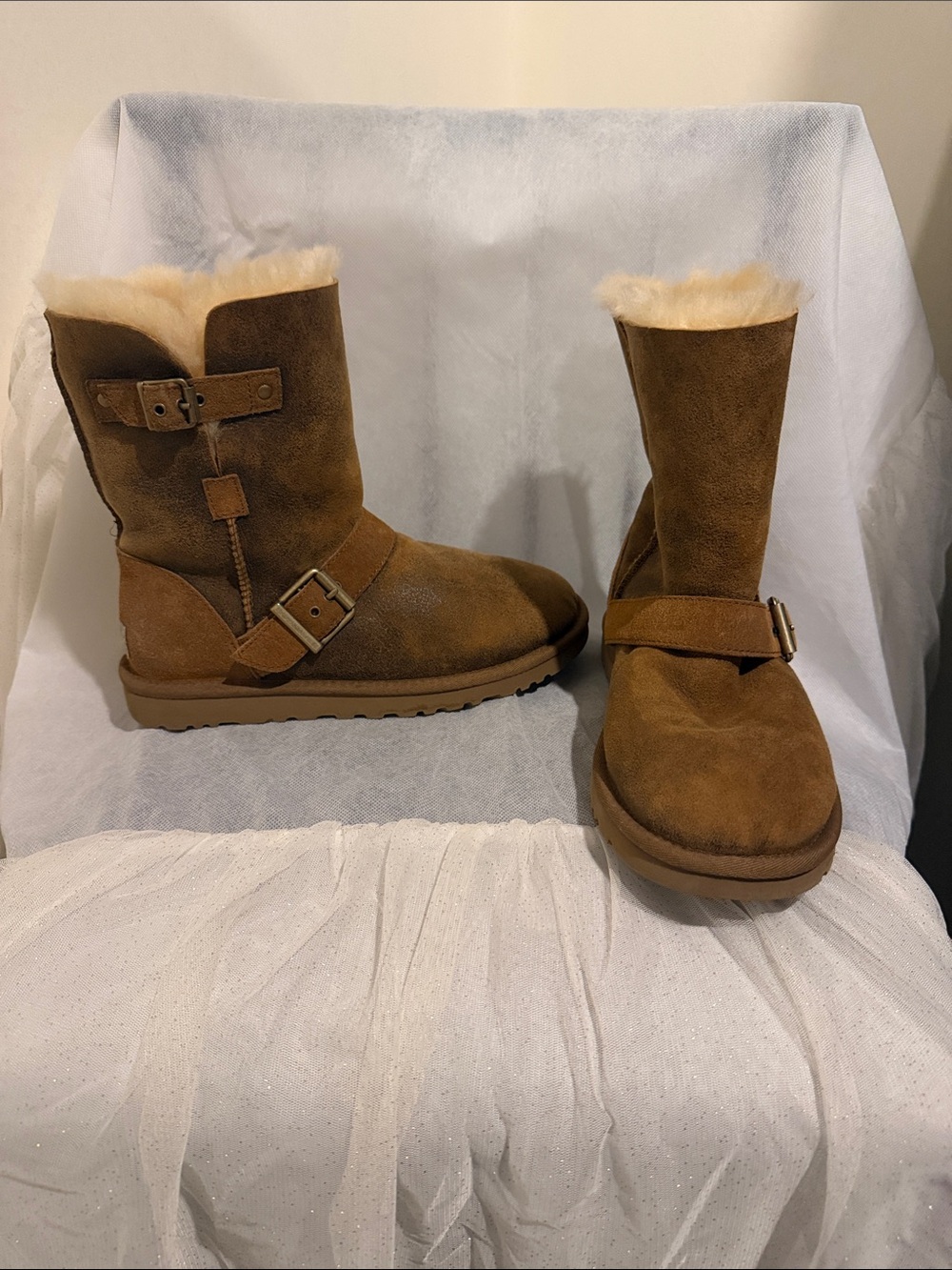 UGG Chestnut Suede Short Boot with Logo Patch Size 6